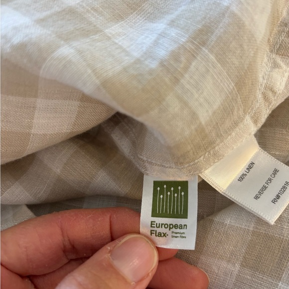 Garnet Hill European Flax Linen Beige White Neutral Check Plaid Button Shirt 4 - Picture 7 of 11